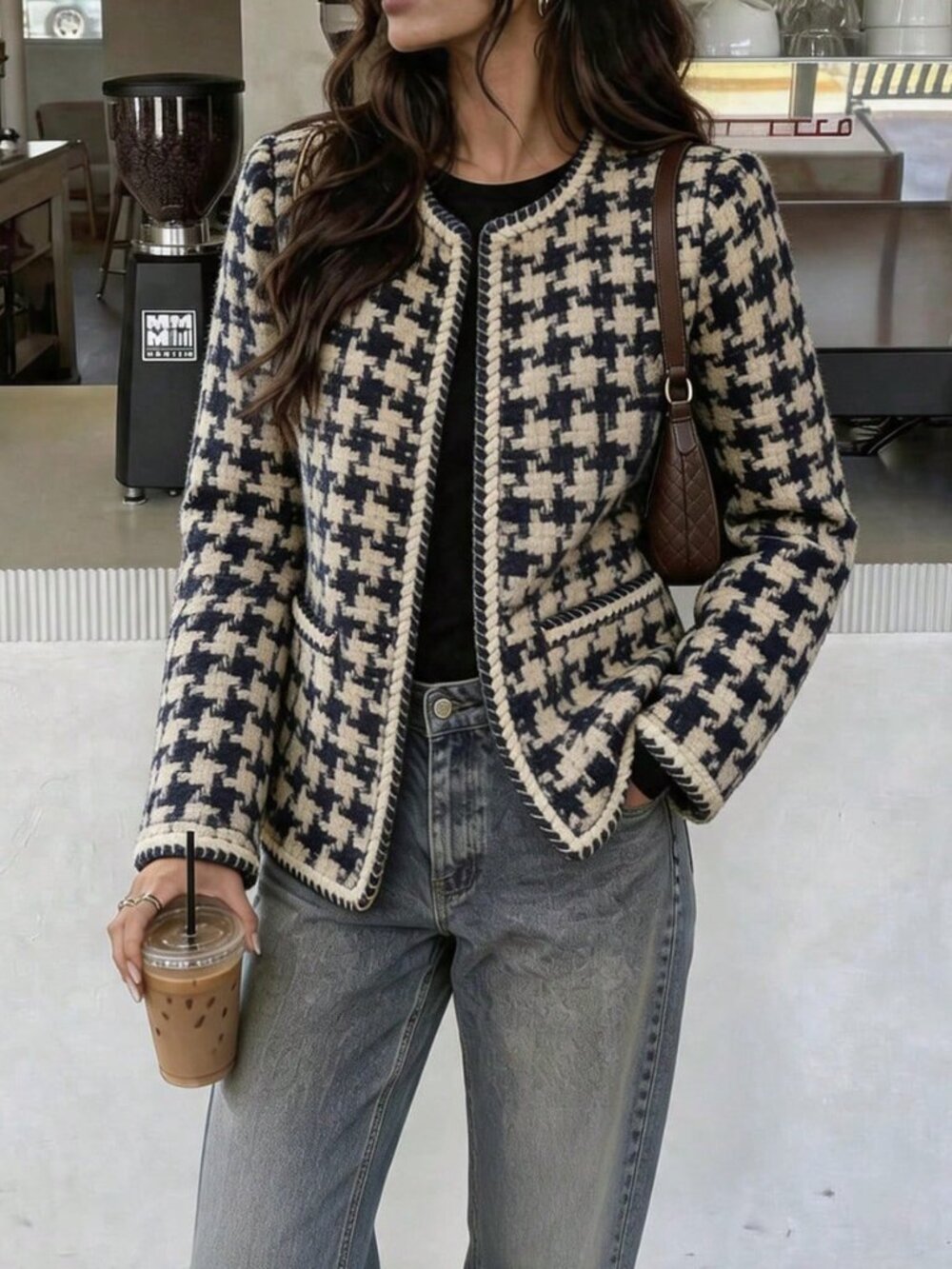 Multicolor Casual Women's Houndstooth Pocket Round Neck Loose Regular Hem Jacket